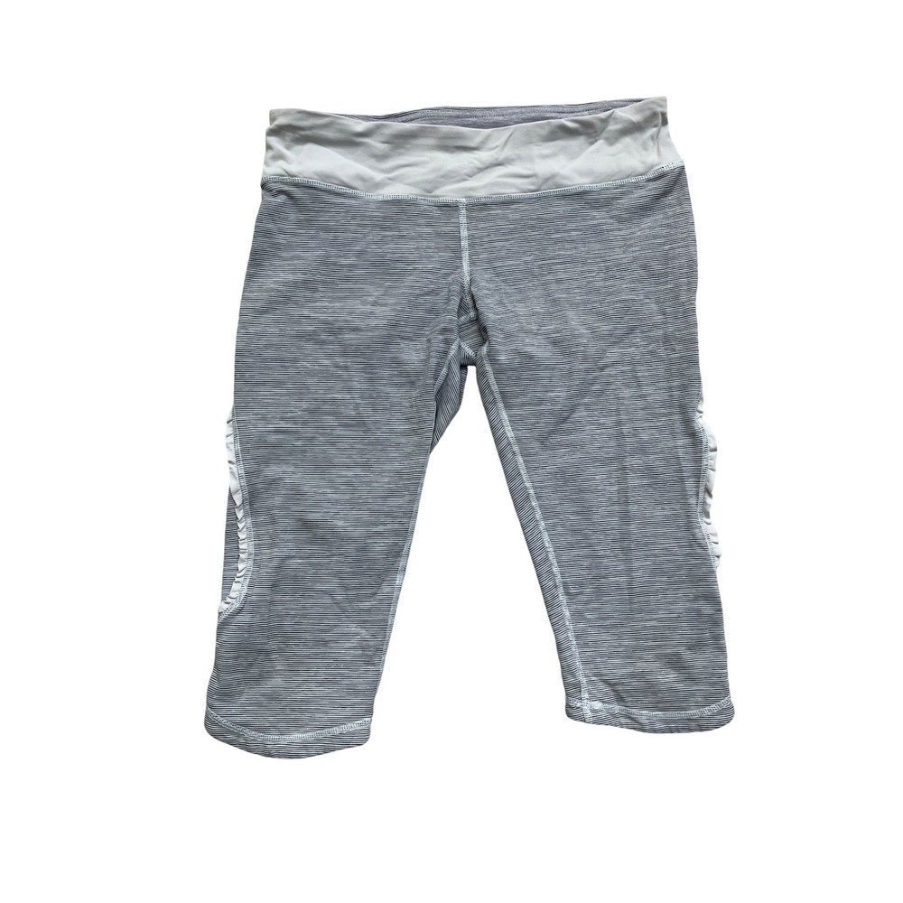 Lululemon Grey White Striped Ruffle Trim Cropped Leggings Size 8 Athletic Pants